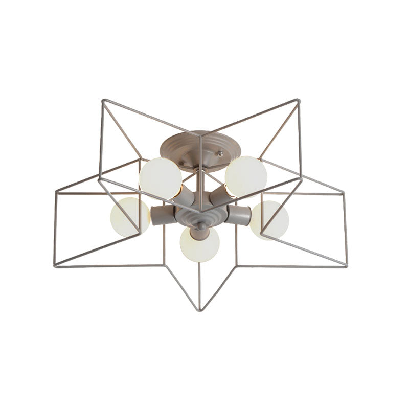 5 Bulbs Semi-Flush Ceiling Fixture with Star Cage Shade Metallic Loft Stylish Indoor Semi Flush Light in Grey/Pink