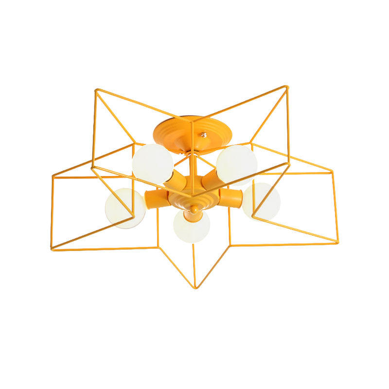 5 Bulbs Semi-Flush Ceiling Fixture with Star Cage Shade Metallic Loft Stylish Indoor Semi Flush Light in Grey/Pink