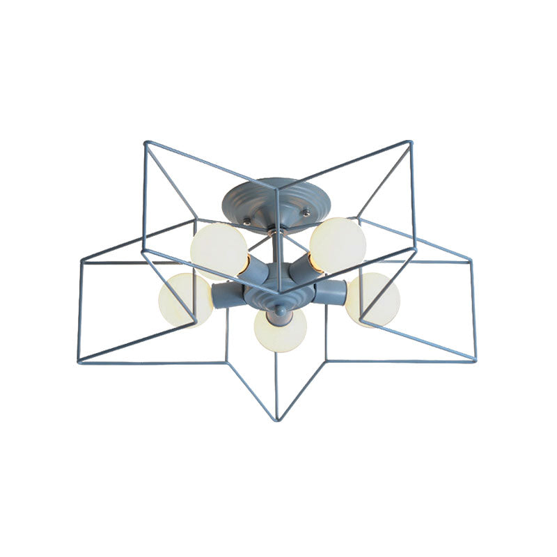 5 Bulbs Semi-Flush Ceiling Fixture with Star Cage Shade Metallic Loft Stylish Indoor Semi Flush Light in Grey/Pink