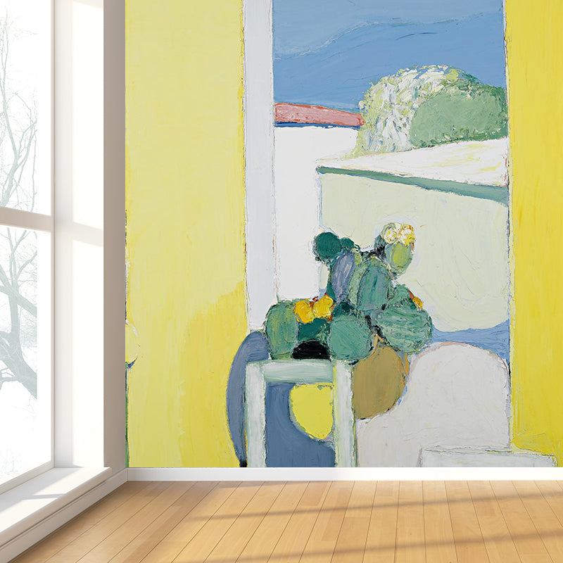 Illustration Style Pot Plant Mural Decal for Living Room, Yellow, Custom Size Available