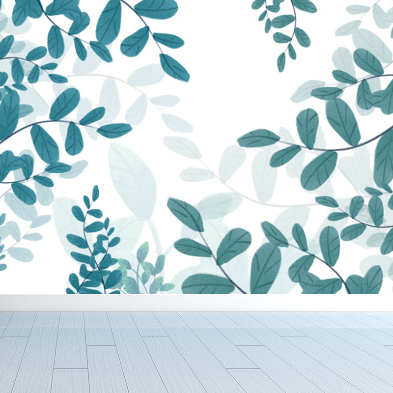 Tropical Leaves Pattern Wall Mural Non-Woven Stain Resistant White Wall Art for Bedroom