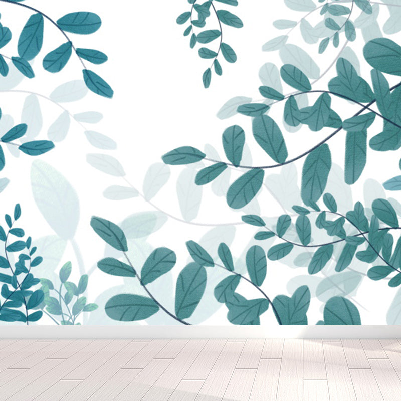 Tropical Leaves Pattern Wall Mural Non-Woven Stain Resistant White Wall Art for Bedroom