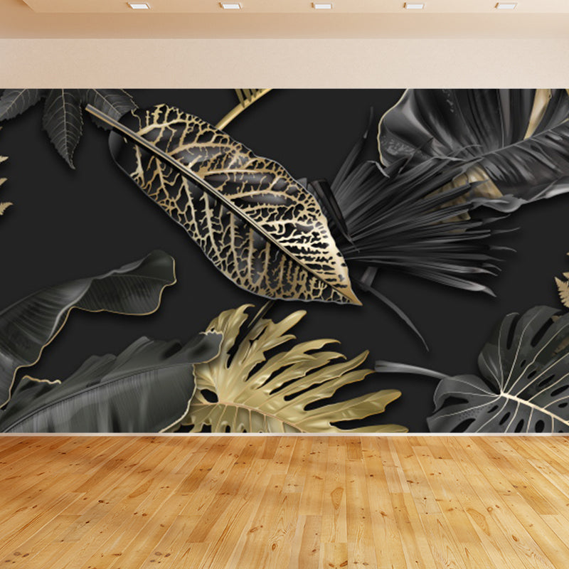 Black Leaves Mural Wallpaper Botanical Tropical Washable Wall Covering for Kitchen