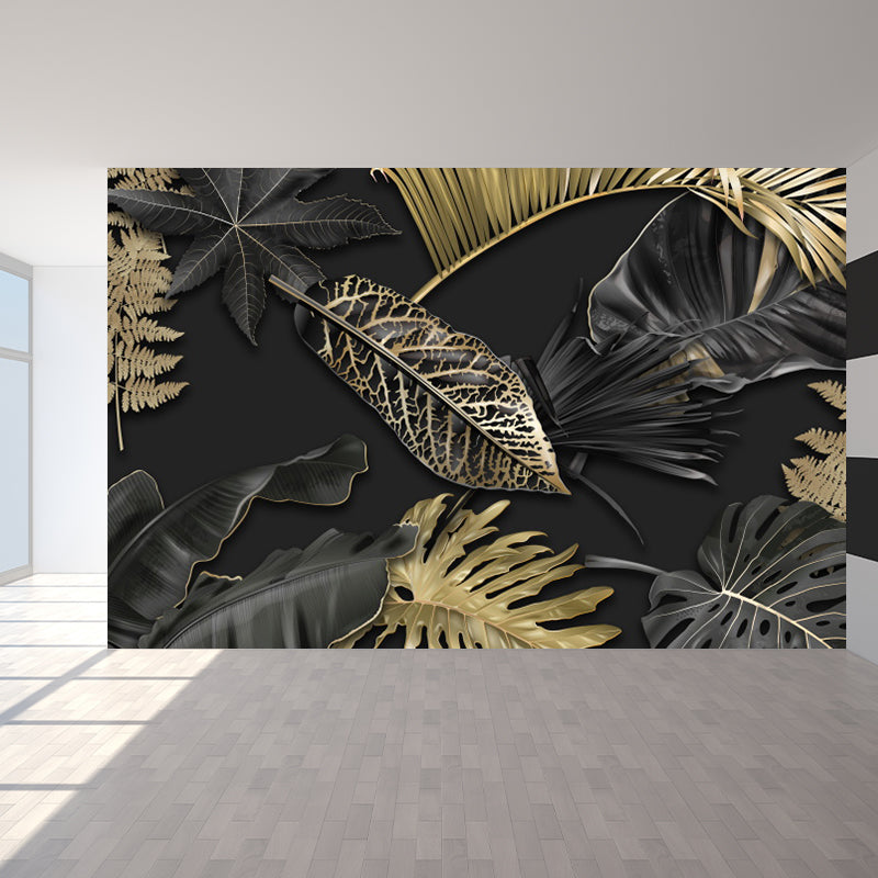 Black Leaves Mural Wallpaper Botanical Tropical Washable Wall Covering for Kitchen