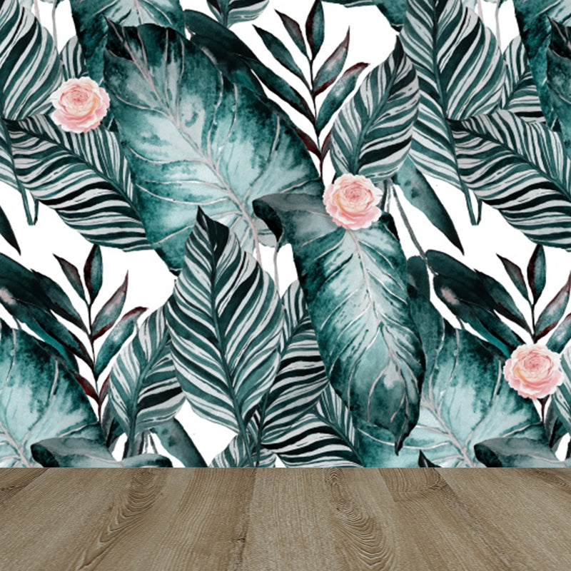 Tropical Leaves Mural Wallpaper Blackish Green Decorative Wall Covering for Bedroom