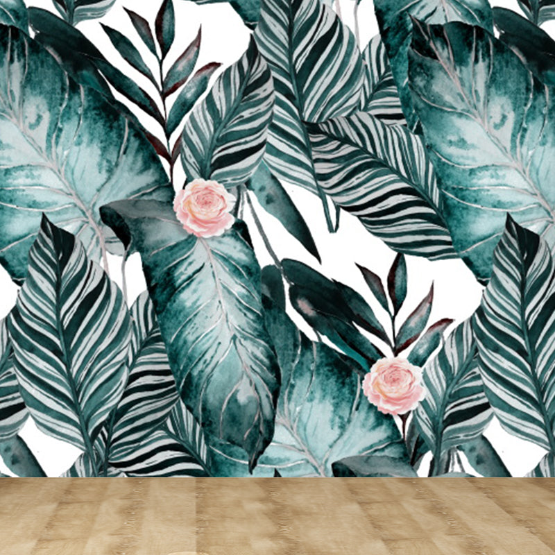 Tropical Leaves Mural Wallpaper Blackish Green Decorative Wall Covering for Bedroom