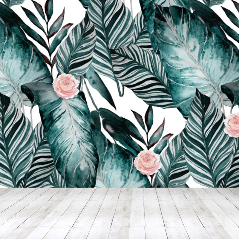 Tropical Leaves Mural Wallpaper Blackish Green Decorative Wall Covering for Bedroom
