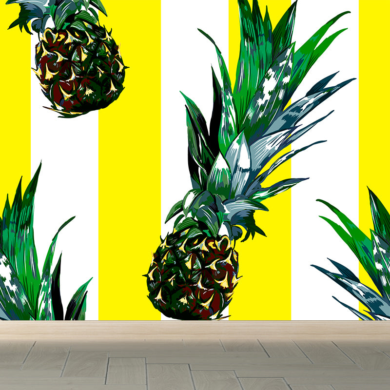 Tasty Pineapple and Stripes Mural Wallpaper Modern Non-Woven Material Wall Covering