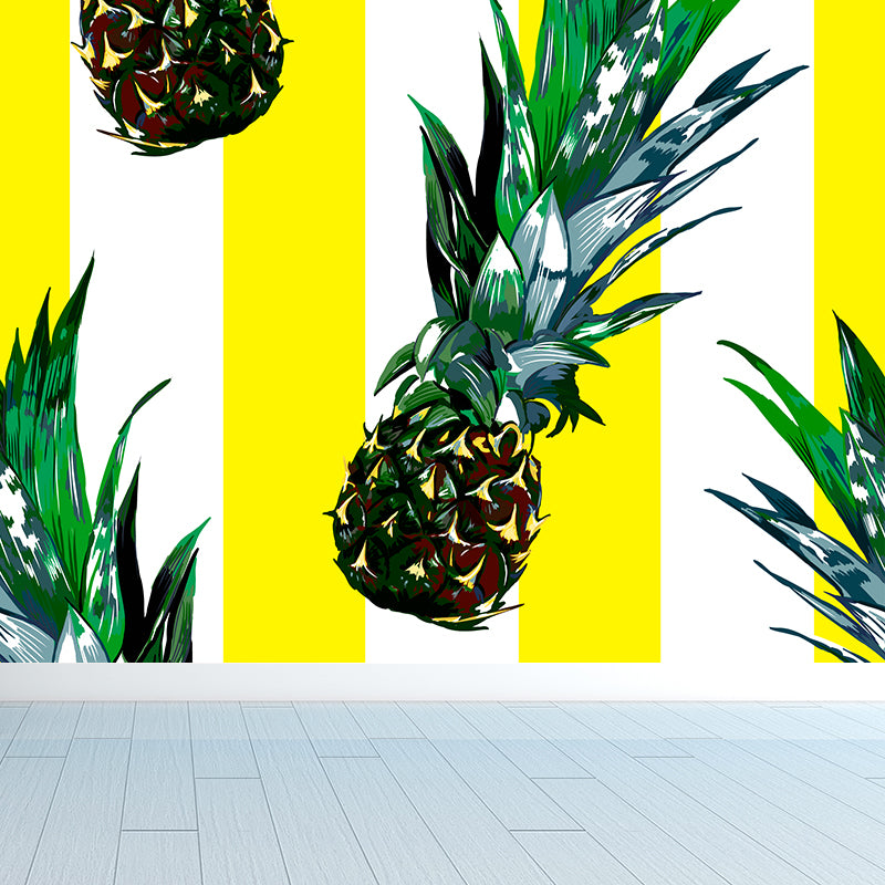 Tasty Pineapple and Stripes Mural Wallpaper Modern Non-Woven Material Wall Covering