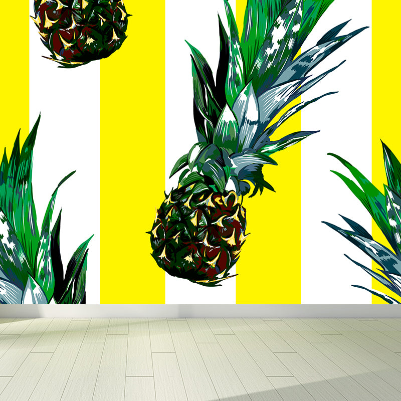 Tasty Pineapple and Stripes Mural Wallpaper Modern Non-Woven Material Wall Covering