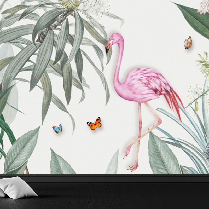 Standing Flamingo and Flower Mural Decal Tropical Non-Woven Wall Covering in Pink