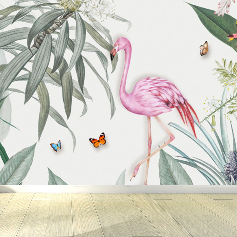 Standing Flamingo and Flower Mural Decal Tropical Non-Woven Wall Covering in Pink