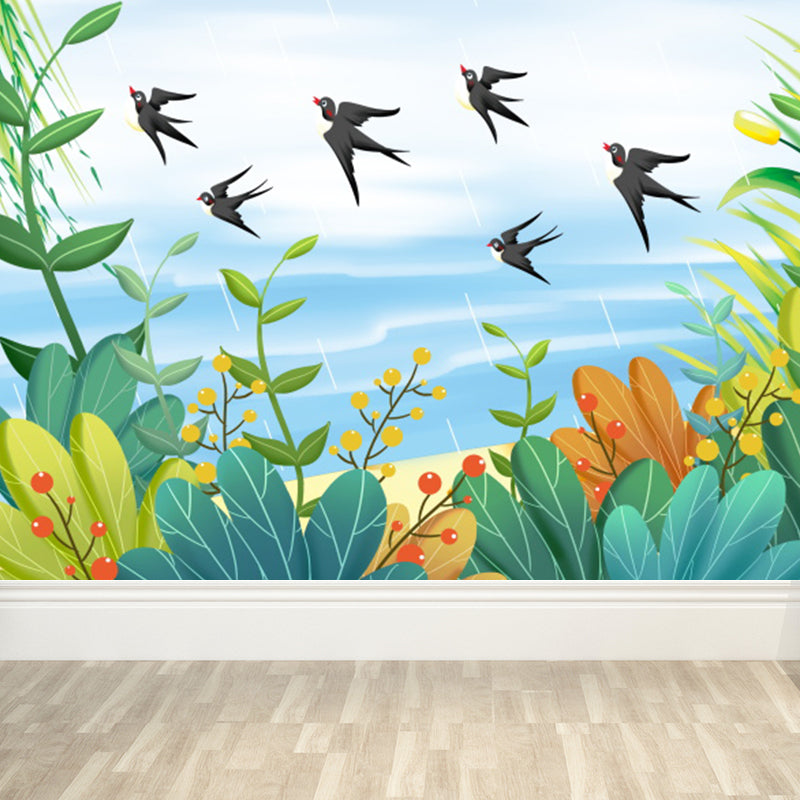 Romantic Birds and Botanical Mural Decal for Living Room, Turquoise, Personalize