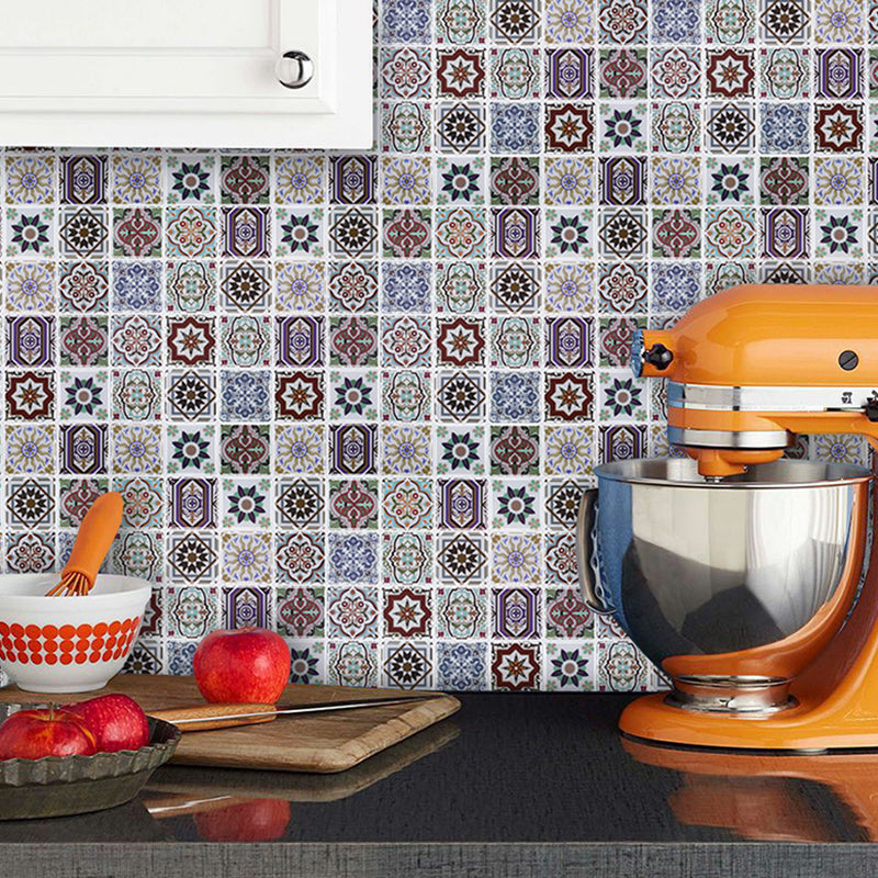 Purple Flower Tiles Wallpaper Panel Set Peel and Paste Wall Art for Kitchen, 12' x 12"