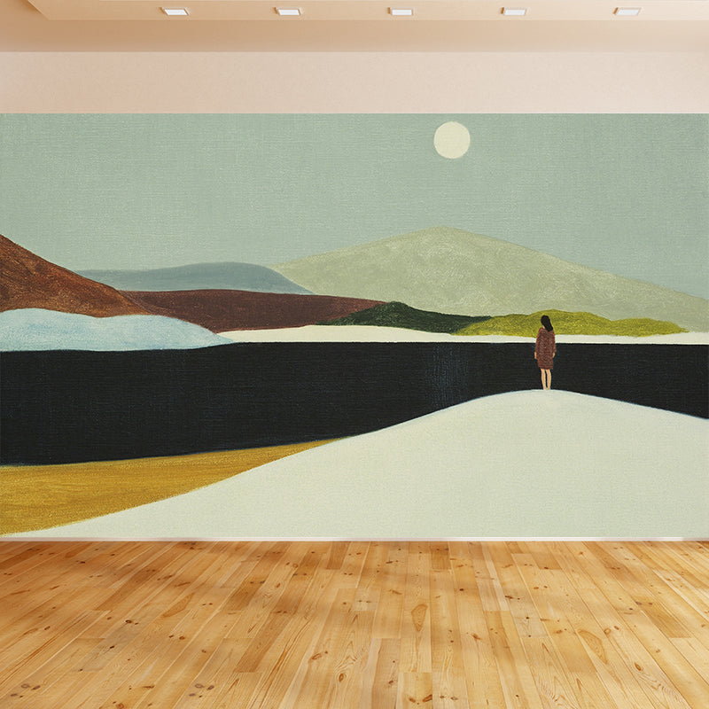 Modern Art Full Moon Mural Wallpaper for Boys Bedroom Full Size Wall Covering in Brown