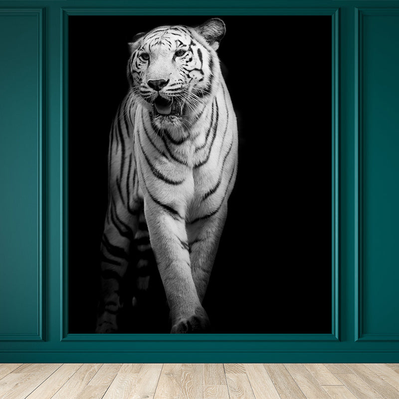 Wild Tiger Mural Wallpaper Contemporary Non-Woven Textured Wall Covering in Black