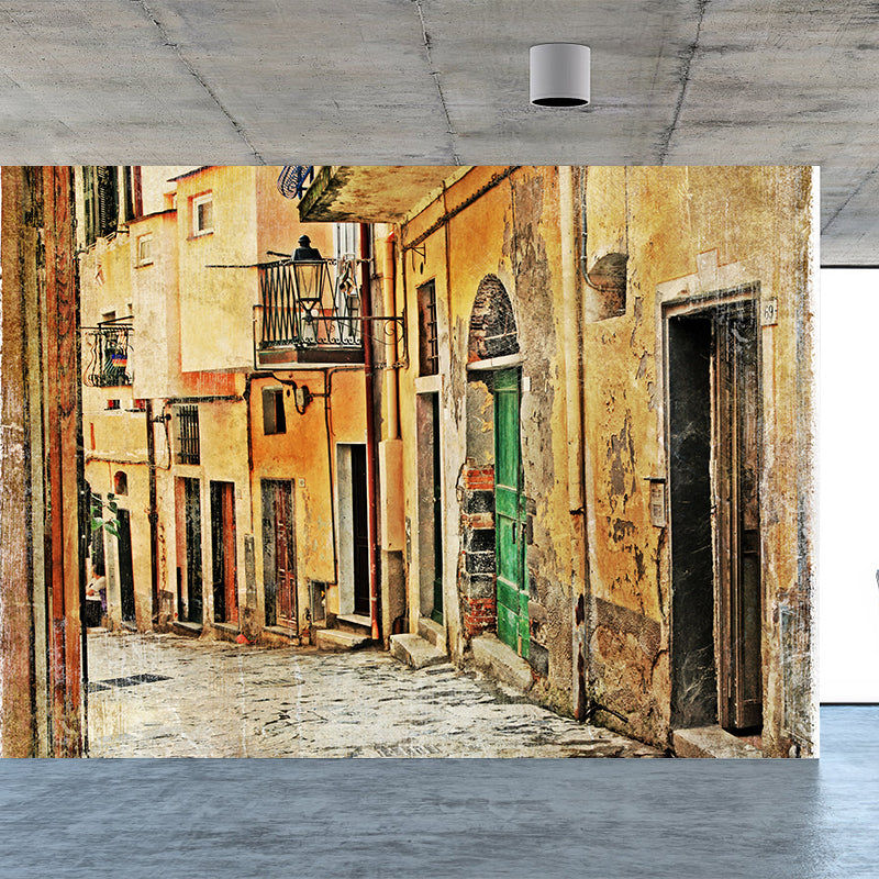 Tranquility Town Mural Wallpaper Yellow Contemporary Wall Covering for Living Room