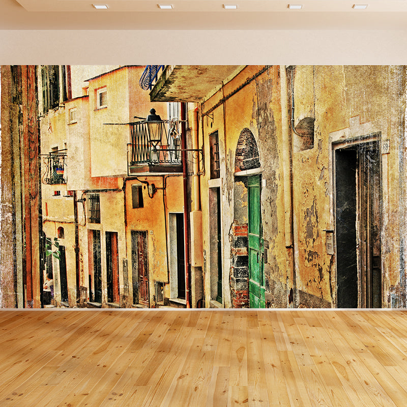 Tranquility Town Mural Wallpaper Yellow Contemporary Wall Covering for Living Room