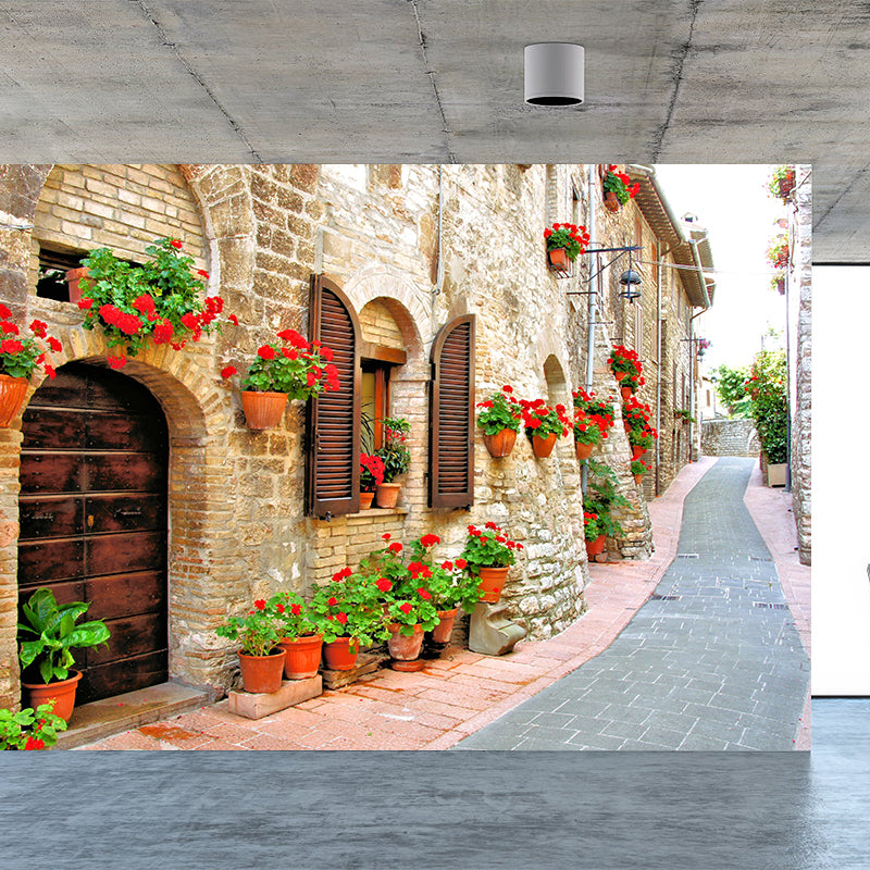 Modern Flowers and Building Mural Non-Woven Stain Resistant Red Wall Art for Living Room