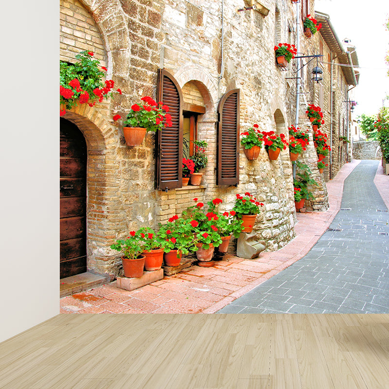 Modern Flowers and Building Mural Non-Woven Stain Resistant Red Wall Art for Living Room