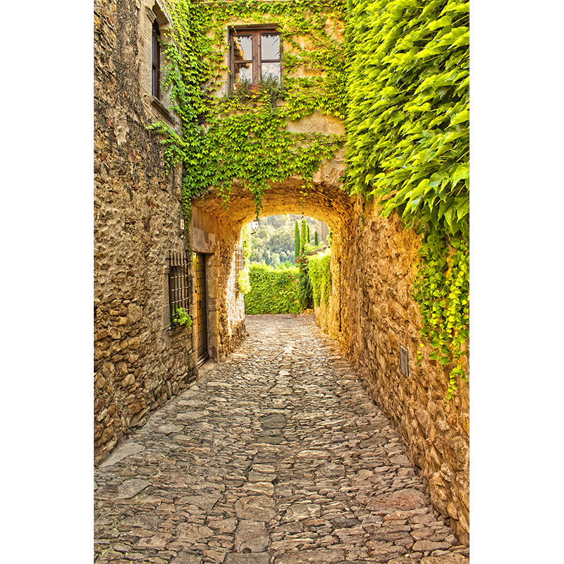 Contemporary Stone Building Wall Mural Green Decorative Wall Covering for Living Room