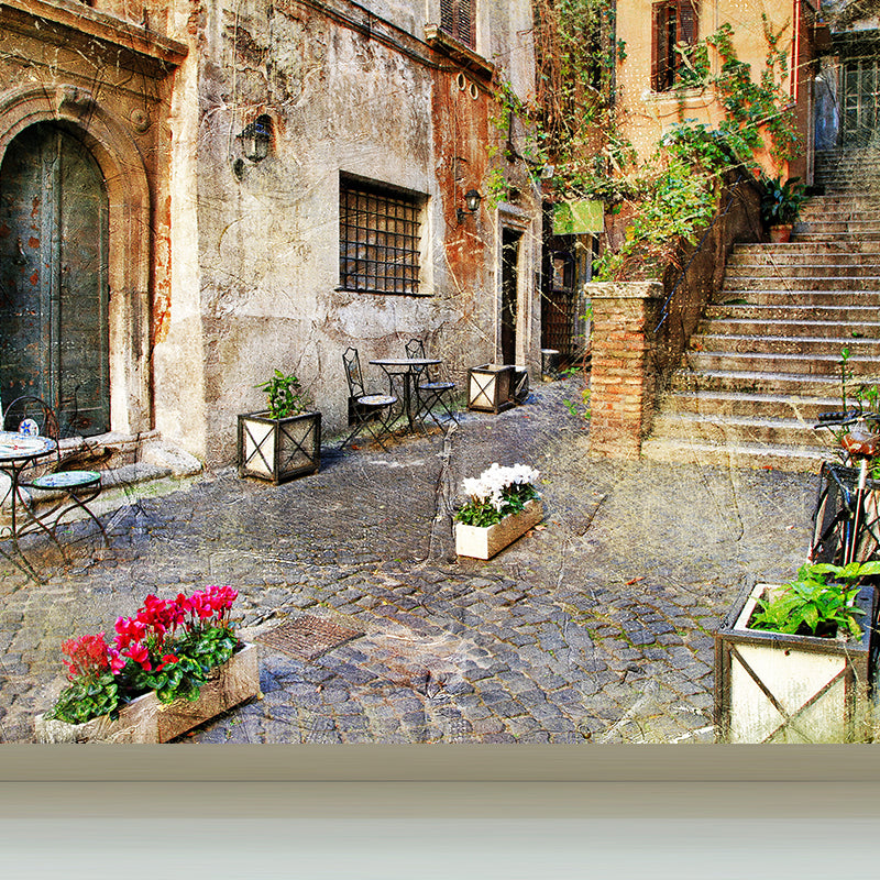 Beige Flowers and Houses Mural Moisture Resistant Contemporary Bathroom Wall Covering