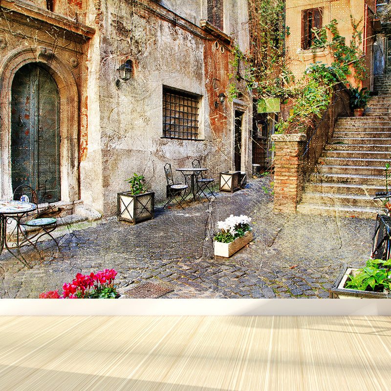 Beige Flowers and Houses Mural Moisture Resistant Contemporary Bathroom Wall Covering