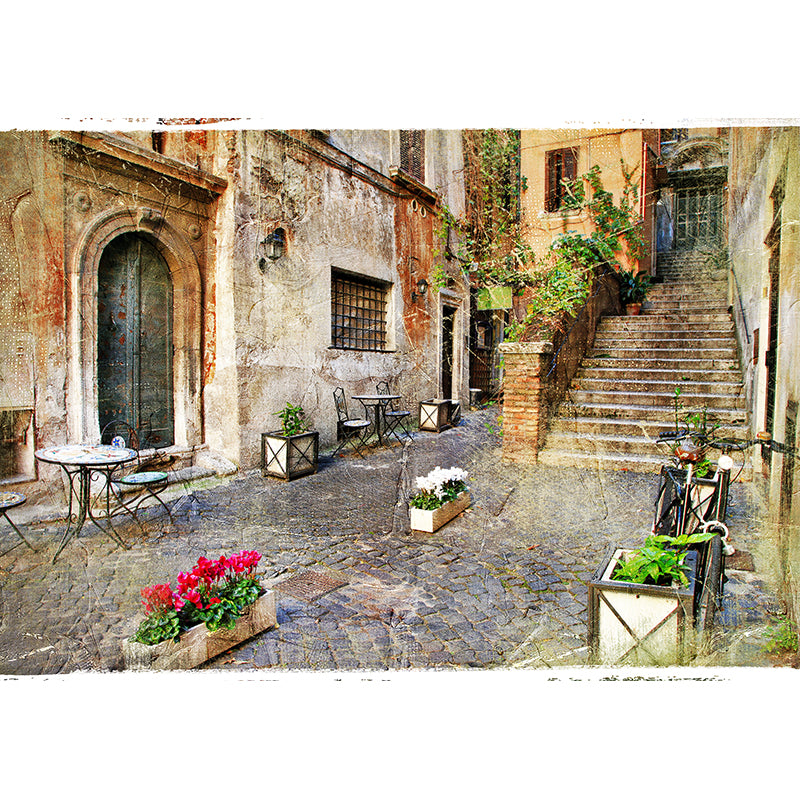 Beige Flowers and Houses Mural Moisture Resistant Contemporary Bathroom Wall Covering