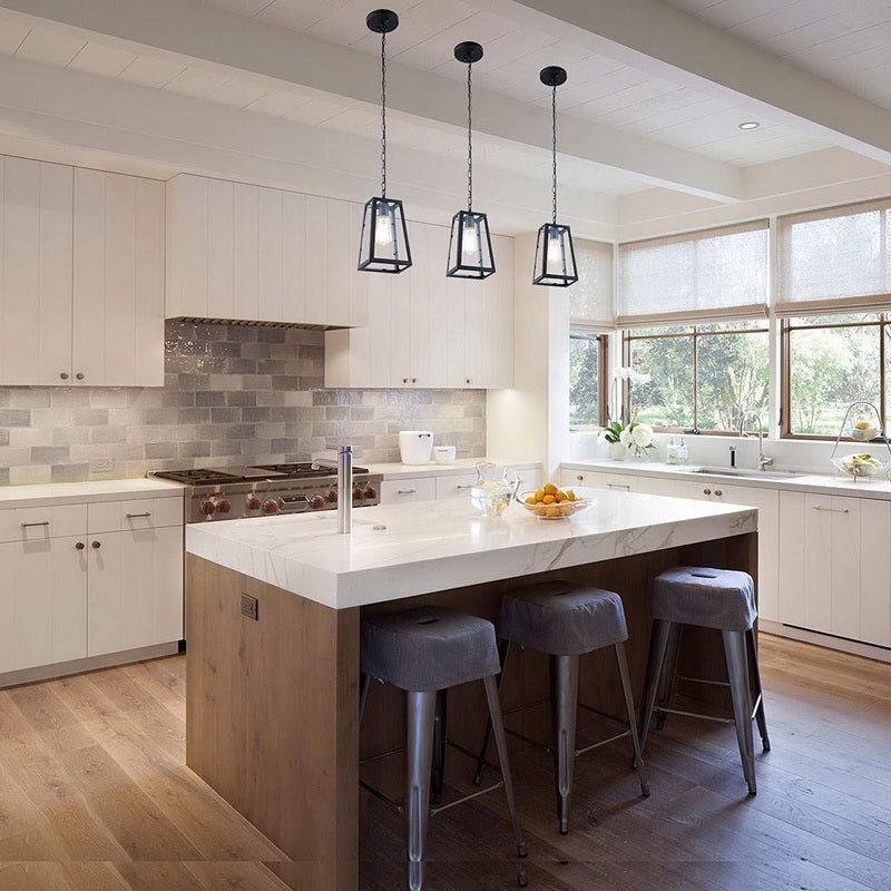 Industrial Trapezoid Pendant Lighting 1 Light Clear Glass Hanging Light Fixture in Black, 7" /12" Wide