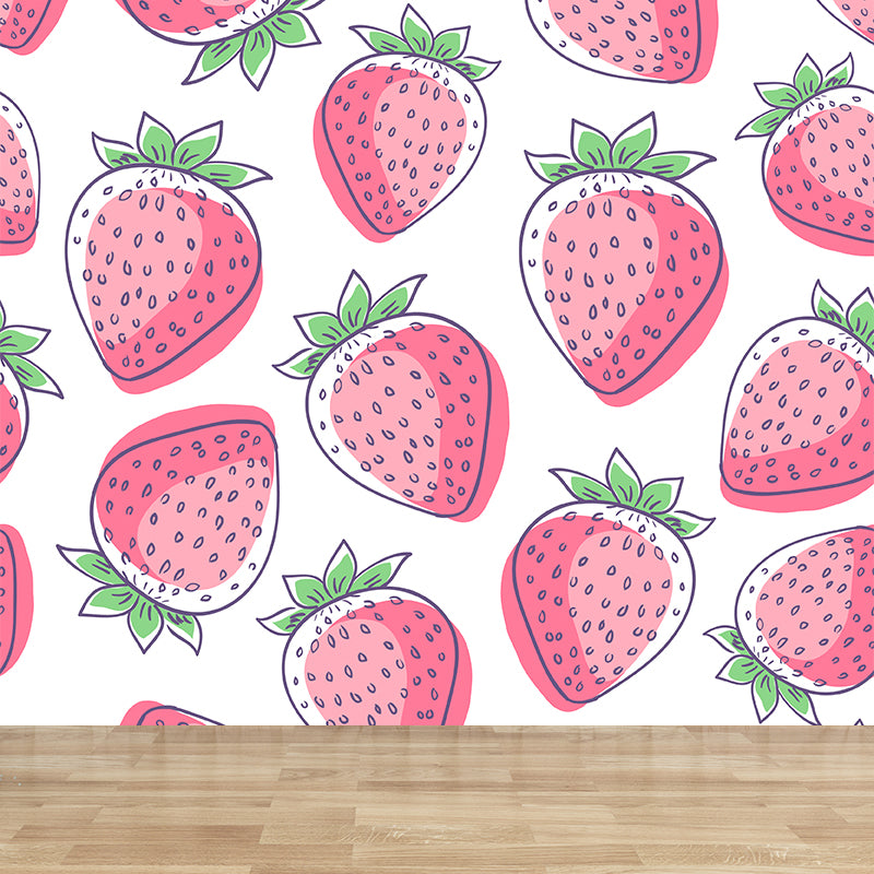Stain Resistant Strawberries Wall Mural Non-Woven Modern Wall Decor for Girls Room