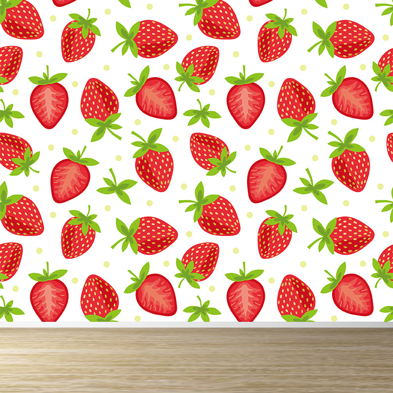 Large Ripe Strawberries Mural Wallpaper Modern Fresh Fruits Wall Covering in Red