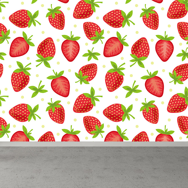 Large Ripe Strawberries Mural Wallpaper Modern Fresh Fruits Wall Covering in Red