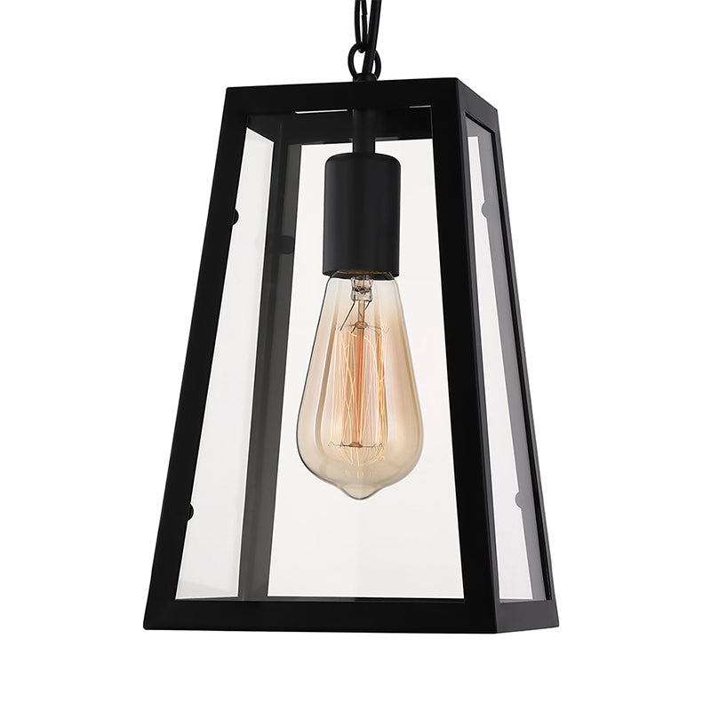 Industrial Trapezoid Pendant Lighting 1 Light Clear Glass Hanging Light Fixture in Black, 7" /12" Wide