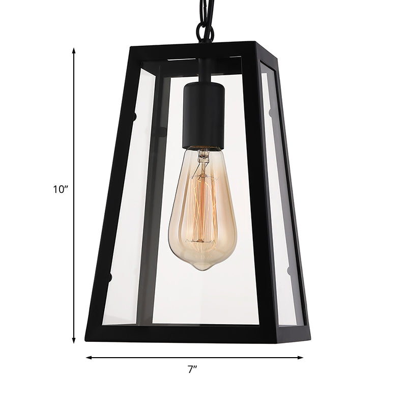 Industrial Trapezoid Pendant Lighting 1 Light Clear Glass Hanging Light Fixture in Black, 7" /12" Wide