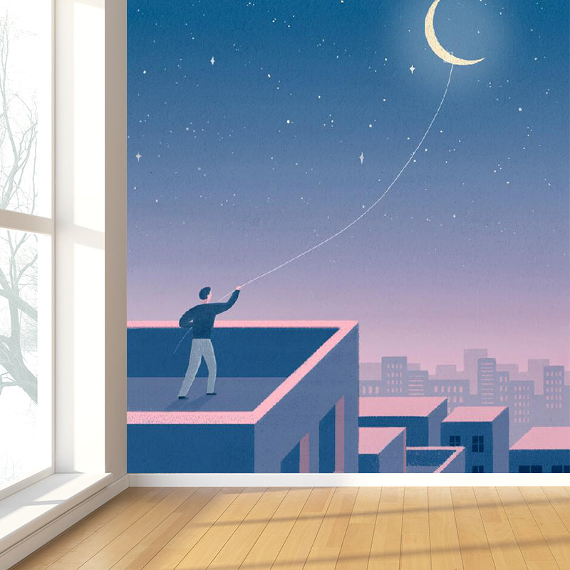 Moon and Cityscape Mural Wallpaper Blue Contemporary Wall Covering for Living Room
