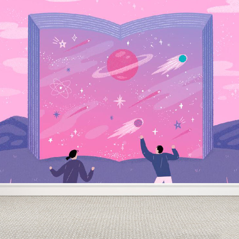 Modern Starry Night Mural Wallpaper for Boys Bedroom Full Size Wall Covering in Pink