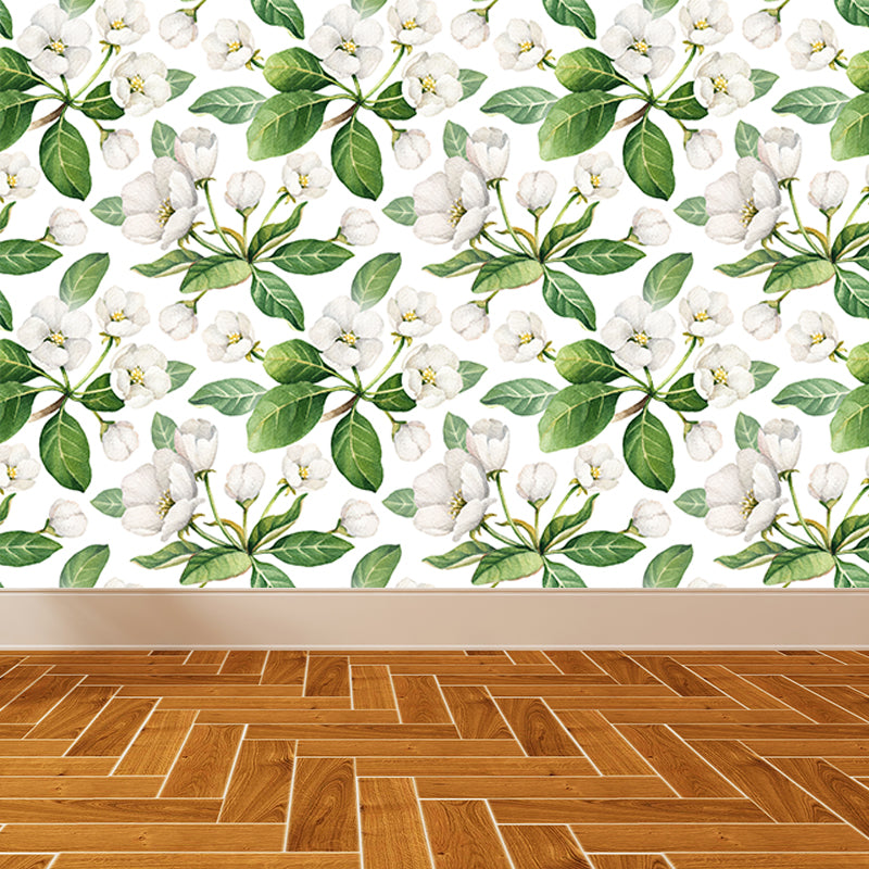 Tropical Blossom Mural Decal White Living Room Wall Covering, Custom Size Available
