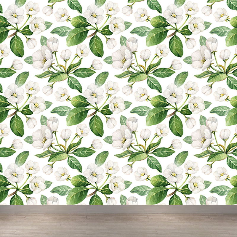 Tropical Blossom Mural Decal White Living Room Wall Covering, Custom Size Available