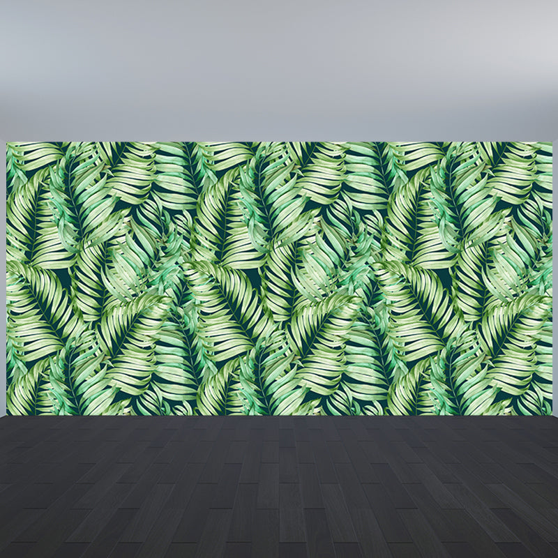 Green Leaves Pattern Mural Wallpaper Stain Resistant Tropical Dining Room Wall Covering