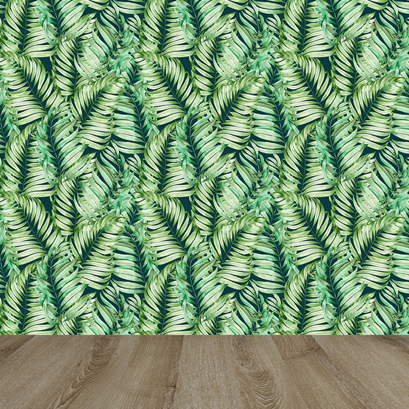 Green Leaves Pattern Mural Wallpaper Stain Resistant Tropical Dining Room Wall Covering
