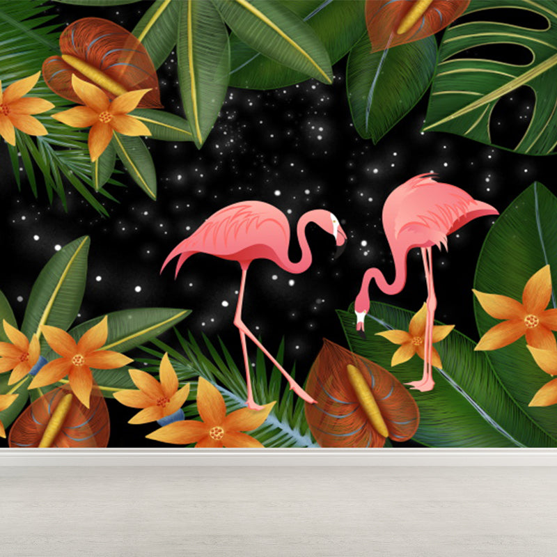 Tropical Flamingos and Leaves Mural Decal Pink Waterproofing Wall Decor for Bathroom