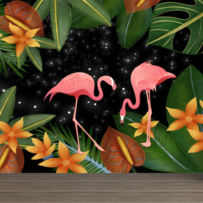 Tropical Flamingos and Leaves Mural Decal Pink Waterproofing Wall Decor for Bathroom