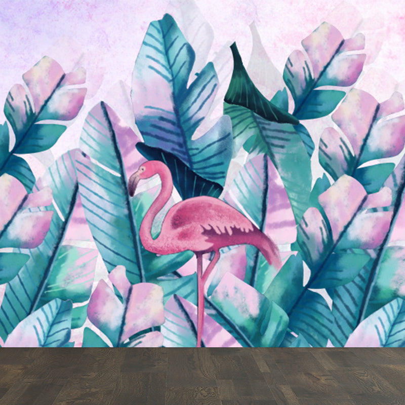 Tropical Boys Mural Wallpaper Stand-Up Flamingo and Banana Leaves Pink Wall Covering