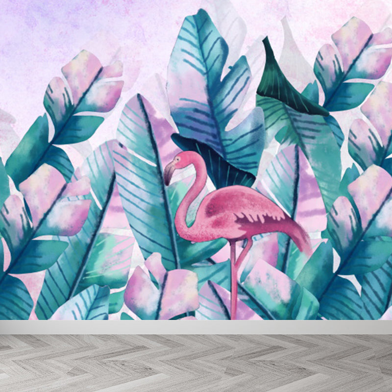 Tropical Boys Mural Wallpaper Stand-Up Flamingo and Banana Leaves Pink Wall Covering