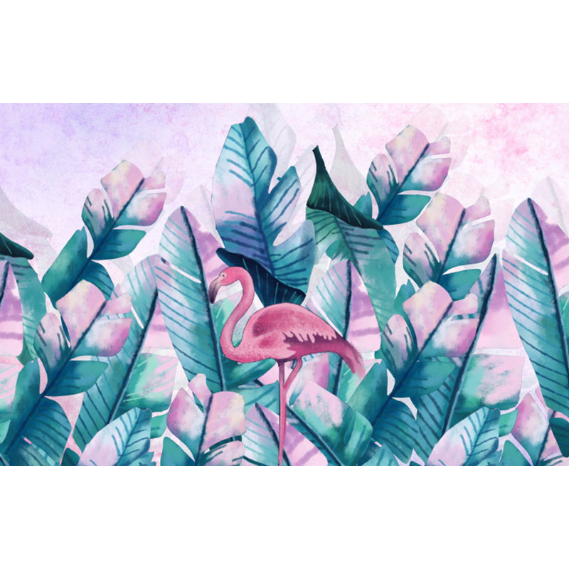 Tropical Boys Mural Wallpaper Stand-Up Flamingo and Banana Leaves Pink Wall Covering