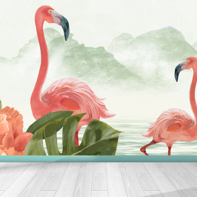 Tropical Wild Flamingos Wall Mural Pink Decorative Wall Covering for Living Room