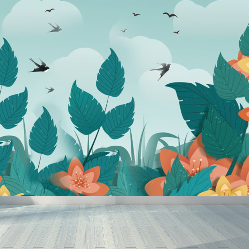 Turquoise Birds and Botanical Mural Moisture Resistant Tropical Bathroom Wall Covering