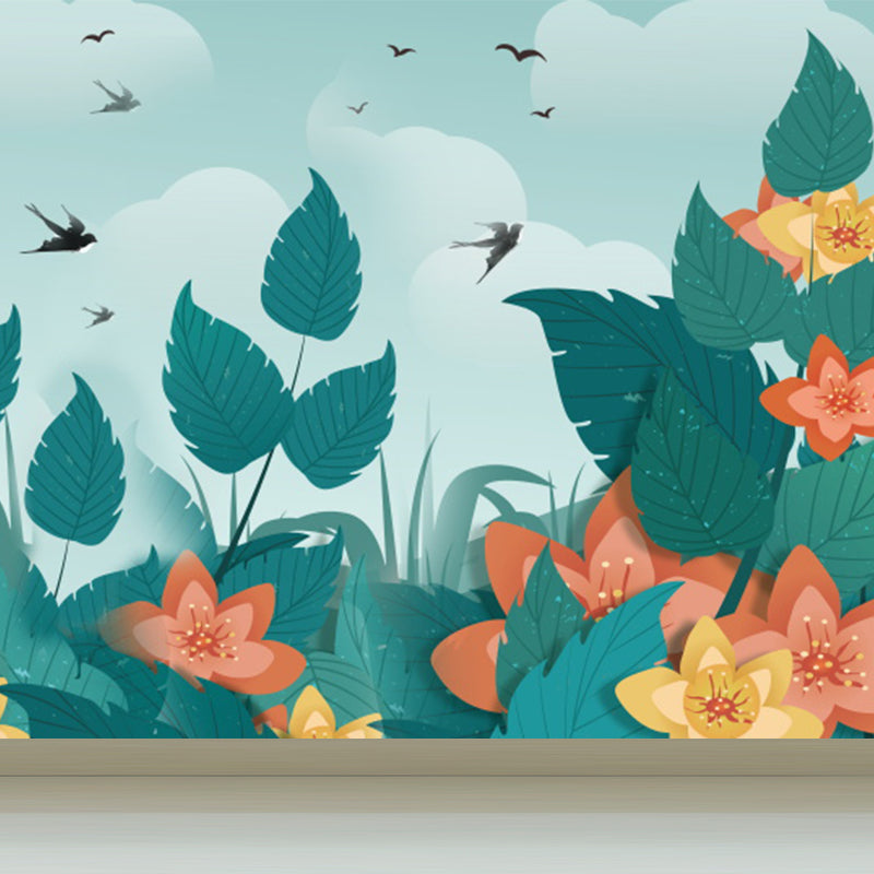 Turquoise Birds and Botanical Mural Moisture Resistant Tropical Bathroom Wall Covering