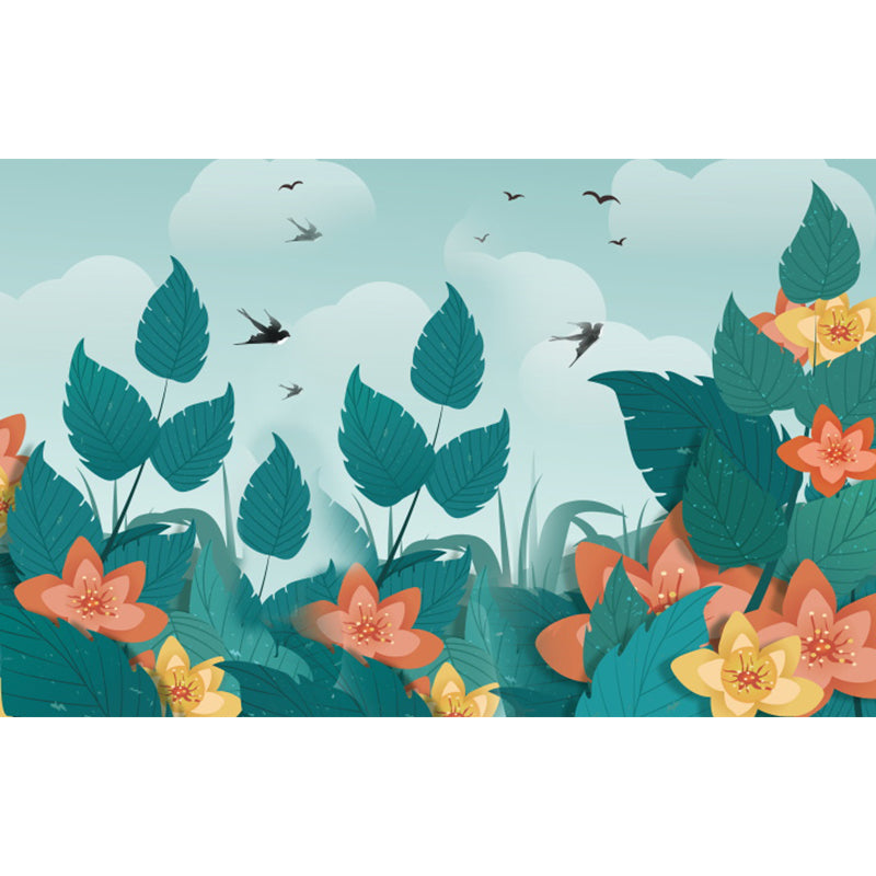 Turquoise Birds and Botanical Mural Moisture Resistant Tropical Bathroom Wall Covering