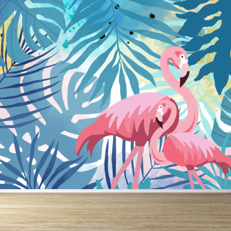 Illustration Flamingos and Leaves Mural for Living Room, Blue, Custom Size Available